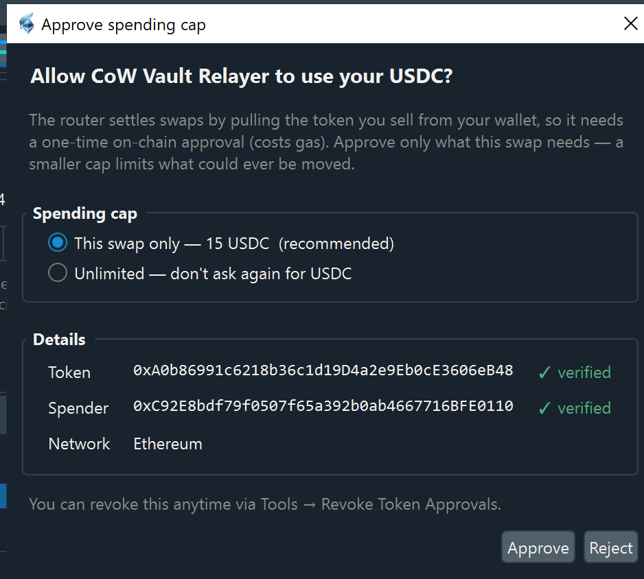 Token approval prompt